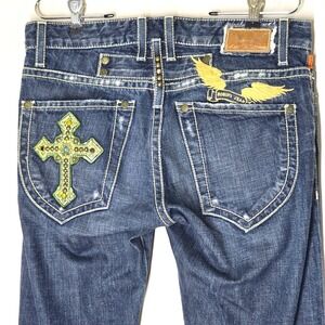 Robins Jean Mens Rhinestone Cross Embellished Jeans Heavy Stitch Y2K Wings 30x34